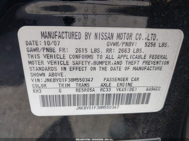 44314760 :رقم المزاد ، JNKBY01F38M550347 vin ، 2008 Infiniti M45x مزاد بيع