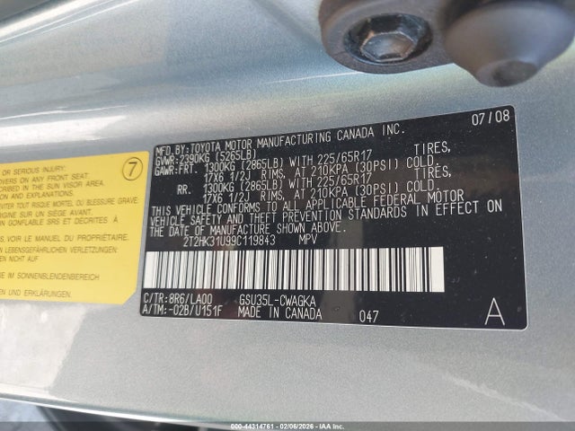 44314761 :رقم المزاد ، 2T2HK31U99C119843 vin ، 2009 Lexus Rx 350 مزاد بيع