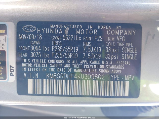 44314779 :رقم المزاد ، KM8SRDHF4KU309802 vin ، 2019 Hyundai Santa Fe Xl Limited Ultimate مزاد بيع