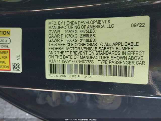 Aukcja sprzedaży 2022 Honda Accord Sport Special Edition, vin: 1HGCV1F48NA077653, numer aukcji: 44314796