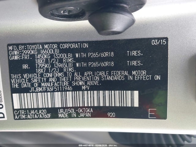 44314818 :رقم المزاد ، JTJBM7FX6F5111946 vin ، 2015 Lexus Gx 460 مزاد بيع