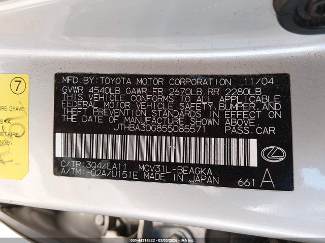 Aukcja sprzedaży 2005 Lexus Es 330, vin: JTHBA30G855085571, numer aukcji: 44314822