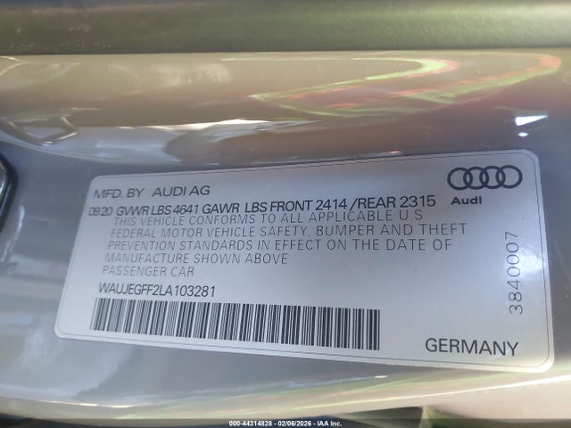 Продаж на аукціоні авто 2020 Audi A3 Premium Plus 45 Tfsi S Line Quattro S Tronic, vin: WAUJEGFF2LA103281, номер лоту: 44314828