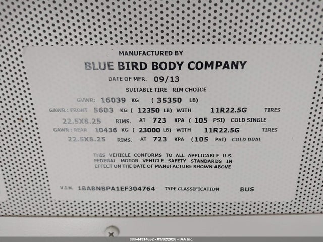 Blue Bird School Bus / Transit Bus 2014 1BABNBPA1EF304764 Image 9