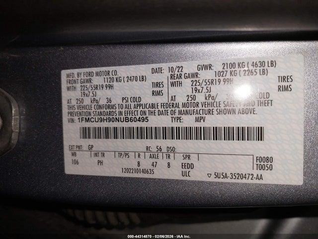 1FMCU9H90NUB60495 Ford ESCAPE SEL