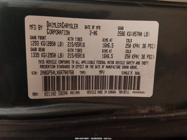 Продаж на аукціоні авто 2006 Chrysler Town & Country Touring, vin: 2A8GP54LX6R780768, номер лоту: 44314881