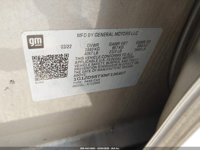 1G1ZD5STXNF136407 Chevrolet Malibu Fwd Lt