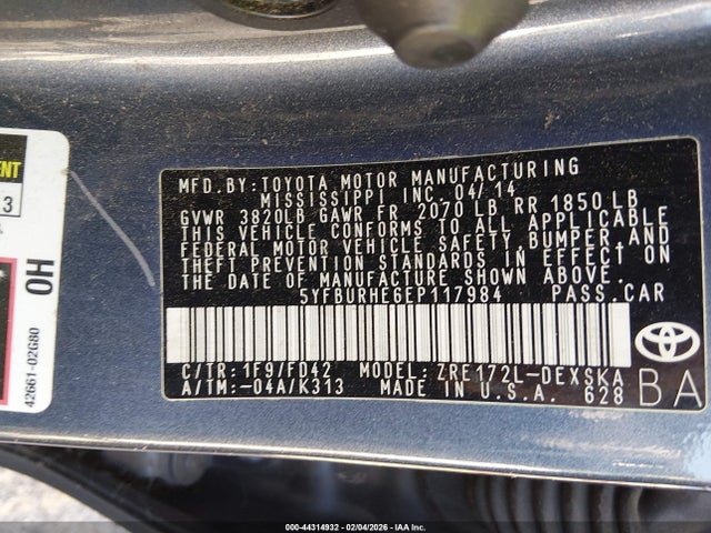 5YFBURHE6EP117984 Toyota Corolla S Plus