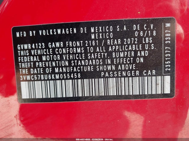 3VWC57BU6KM055458 Volkswagen Jetta 1.4t R-line/1.4t S/1.4t Se