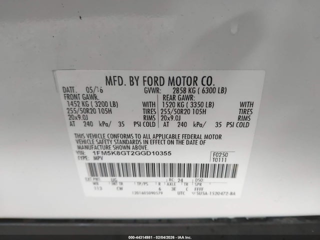 1FM5K8GT2GGD10355 Ford EXPLORER SPORT
