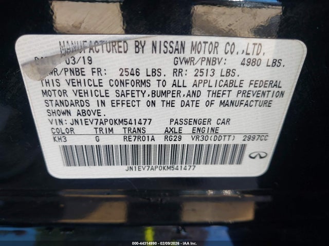 Aukcja sprzedaży 2019 Infiniti Q50 3.0t Signature Edition, vin: JN1EV7AP0KM541477, numer aukcji: 44314990