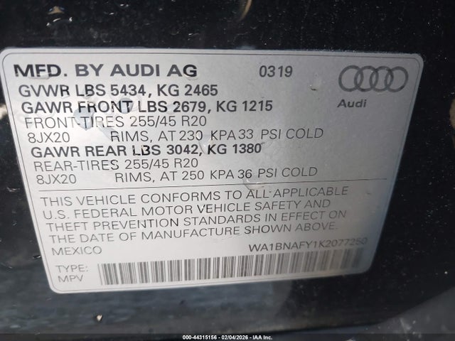 WA1BNAFY1K2077250 Audi Q5 45 Premium