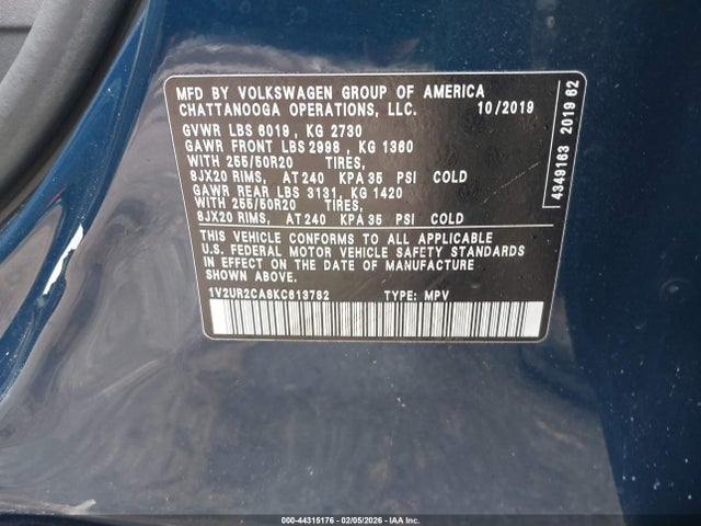 44315176 :رقم المزاد ، 1V2UR2CA8KC613782 vin ، 2019 Volkswagen Atlas 3.6l V6 Se W/technology مزاد بيع
