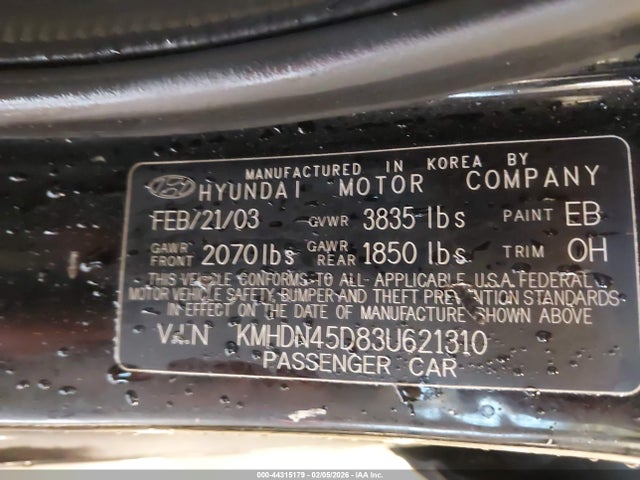 2003 HYUNDAI ELANTRA KMHDN45D83U621310 Photo 8