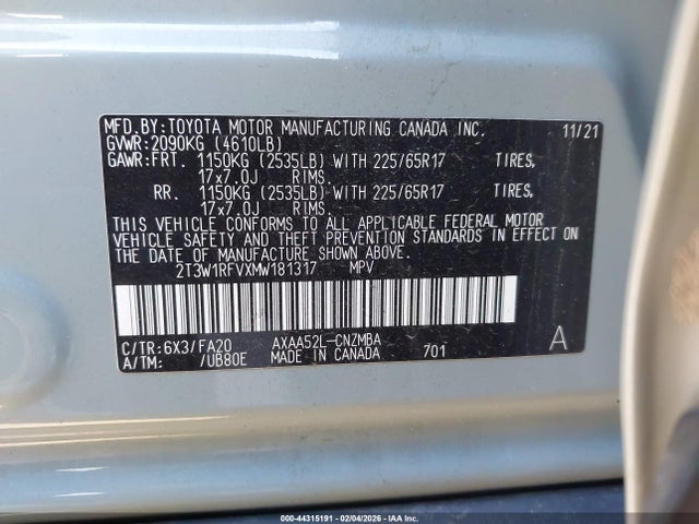2T3W1RFVXMW181317 Toyota Rav4 Xle