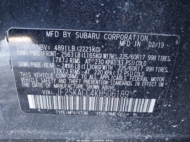 Продажа на аукционе авто 2019 Subaru Forester, vin: JF2SKACC4KH506189, номер лота: 44315237