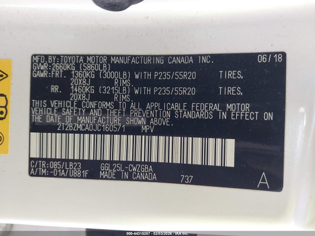 44315287 :رقم المزاد ، 2T2BZMCA0JC160571 vin ، 2018 Lexus Rx 350 مزاد بيع