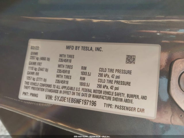 44315288 :رقم المزاد ، 5YJ3E1EB6NF197196 vin ، 2022 Tesla Model 3 Long Range Dual Motor All-wheel Drive مزاد بيع
