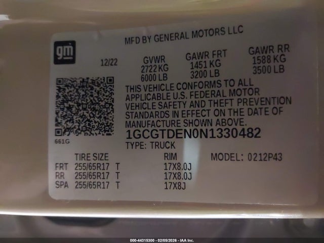 44315300 :رقم المزاد ، 1GCGTDEN0N1330482 vin ، 2022 Chevrolet Colorado 4wd  Short Box Z71 مزاد بيع