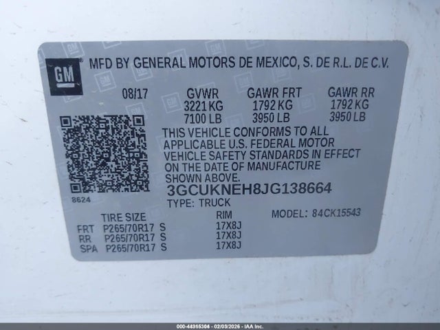 3GCUKNEH8JG138664 Chevrolet Silverado 1500 Wt