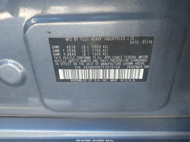 Aukcja sprzedaży 2015 Subaru Legacy 2.5i Limited, vin: 4S3BNAN67F3076108, numer aukcji: 44315306