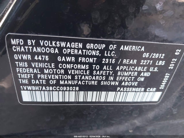 2012 Volkswagen Passat 2.5l Se მანქანა იყიდება აუქციონზე, vin: 1VWBH7A38CC093028, აუქციონის ნომერი: 44315313