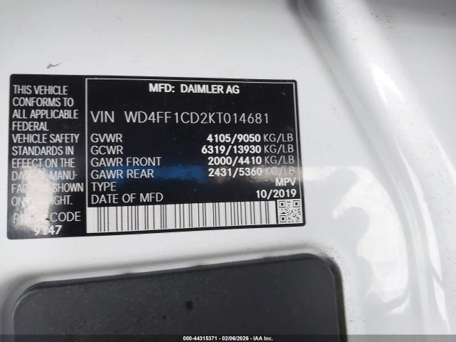 Продажа на аукционе авто 2019 Mercedes-benz Sprinter 2500 High Roof V6, vin: WD4FF1CD2KT014681, номер лота: 44315371