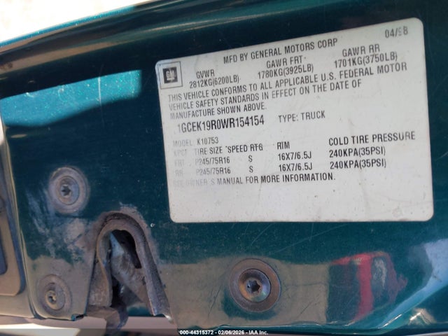 44315372 :رقم المزاد ، 1GCEK19R0WR154154 vin ، 1998 Chevrolet K1500 Fleetside مزاد بيع