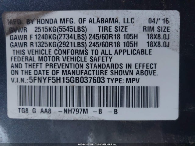 5FNYF5H15GB037603 Honda PILOT LX