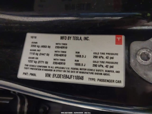 2018 Tesla Model 3 Long Range/performance მანქანა იყიდება აუქციონზე, vin: 5YJ3E1EB4JF110048, აუქციონის ნომერი: 44315400