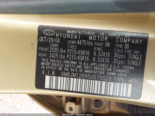 2005 HYUNDAI TUCSON KM8JM12B95U075028 Photo 8