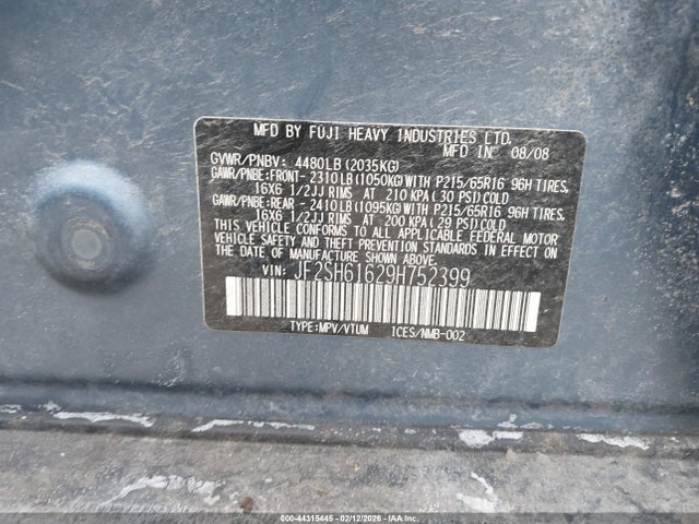 44315445 :رقم المزاد ، JF2SH61629H752399 vin ، 2009 Subaru Forester 2.5x مزاد بيع