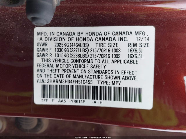 2HKRM3H34FH510455 Honda CR-V LX