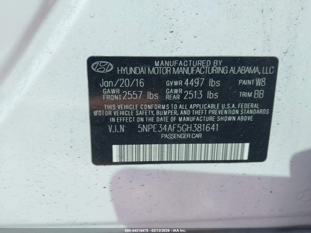Aukcja sprzedaży 2016 Hyundai Sonata Limited, vin: 5NPE34AF5GH381641, numer aukcji: 44315475