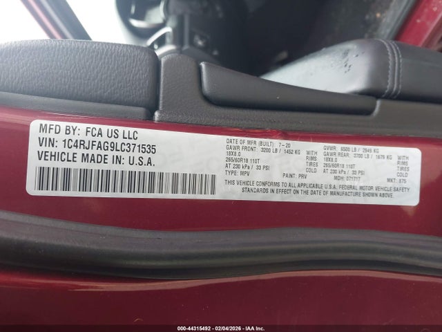 44315492 :رقم المزاد ، 1C4RJFAG9LC371535 vin ، 2020 Jeep Grand Cherokee North Edition 4x4 مزاد بيع