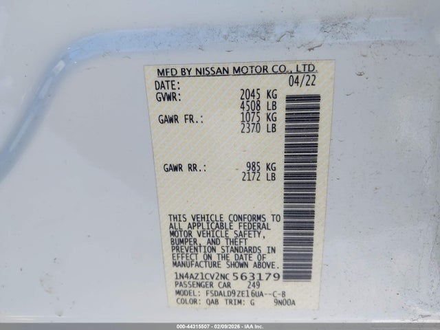 1N4AZ1CV2NC563179 Nissan Leaf Sv 40 Kwh