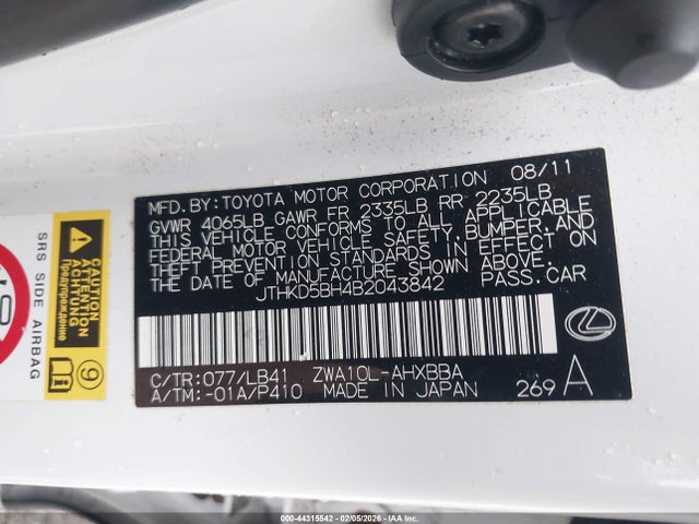 Продаж на аукціоні авто 2011 Lexus Ct 200h Premium, vin: JTHKD5BH4B2043842, номер лоту: 44315542