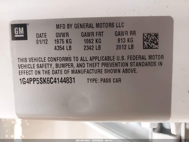 Aukcja sprzedaży 2012 Buick Verano, vin: 1G4PP5SK6C4144831, numer aukcji: 44315561