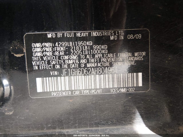 Продажа на аукционе авто 2010 Subaru Impreza Outback Sport, vin: JF1GH6D62AH804964, номер лота: 44315570