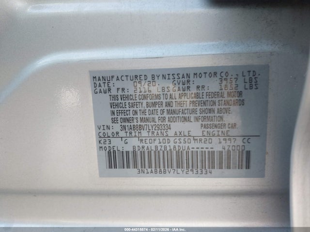 2020 Nissan Sentra S Xtronic Cvt მანქანა იყიდება აუქციონზე, vin: 3N1AB8BV7LY293334, აუქციონის ნომერი: 44315574
