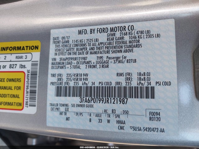 Ford FUSION SE 2018 3FA6P0T99JR121987 Image 9