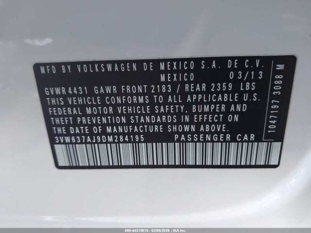 Aukcja sprzedaży 2013 Volkswagen Jetta Hybrid Sel, vin: 3VW637AJ9DM284195, numer aukcji: 44315615