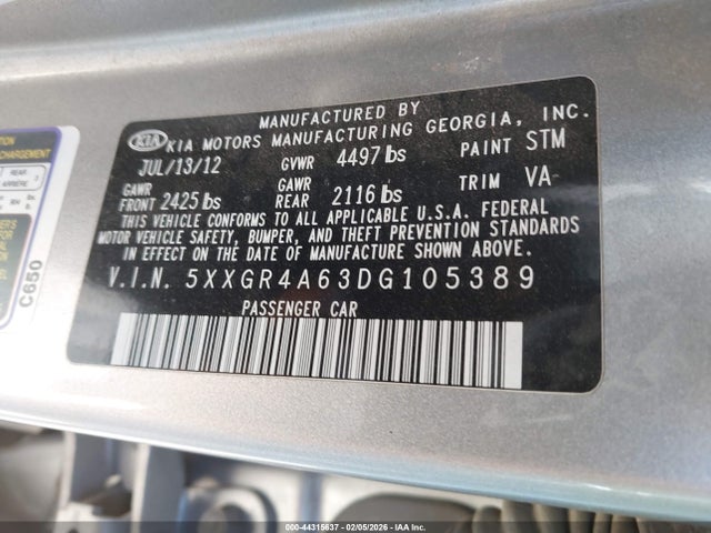 Продаж на аукціоні авто 2013 Kia Optima Sx, vin: 5XXGR4A63DG105389, номер лоту: 44315637