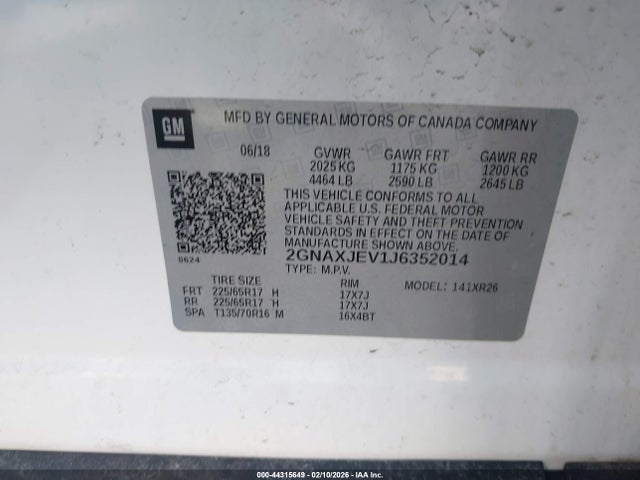 44315649 :رقم المزاد ، 2GNAXJEV1J6352014 vin ، 2018 Chevrolet Equinox Lt مزاد بيع