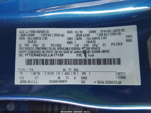 1FTER4EH2LLA17158 Ford Ranger Xlt