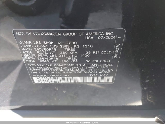 Aukcja sprzedaży 2024 Volkswagen Atlas 2.0t Peak Edition Sel, vin: 1V2GR2CA4RC607243, numer aukcji: 44315661