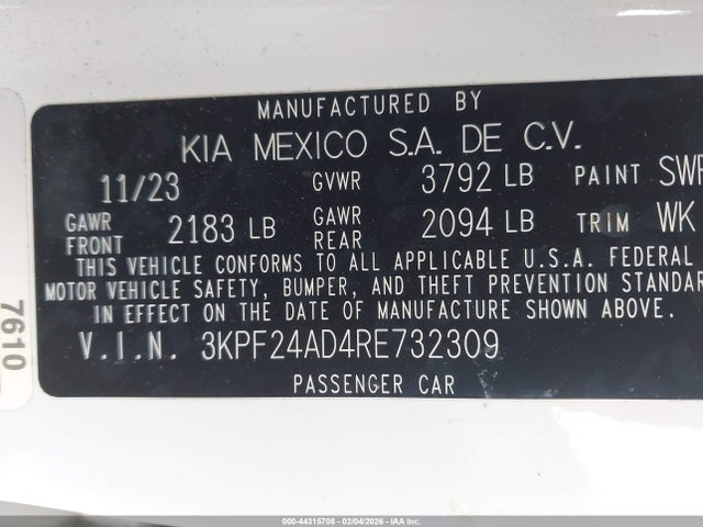 44315708 :رقم المزاد ، 3KPF24AD4RE732309 vin ، 2024 Kia Forte Lxs مزاد بيع