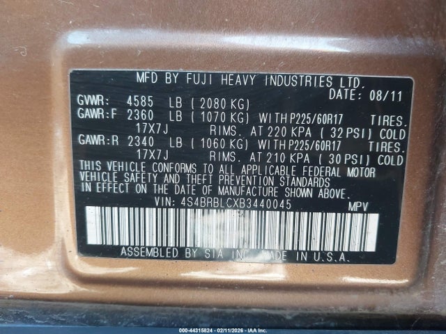 44315824 :رقم المزاد ، 4S4BRBLCXB3440045 vin ، 2011 Subaru Outback 2.5i Limited مزاد بيع