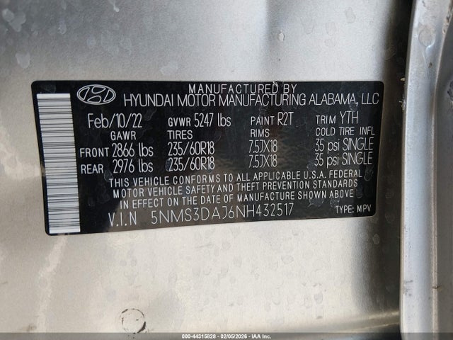 2022 HYUNDAI SANTA FE 5NMS3DAJ6NH432517 Photo 8