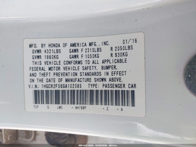 1HGCR2F56GA102085 Honda Accord Sport